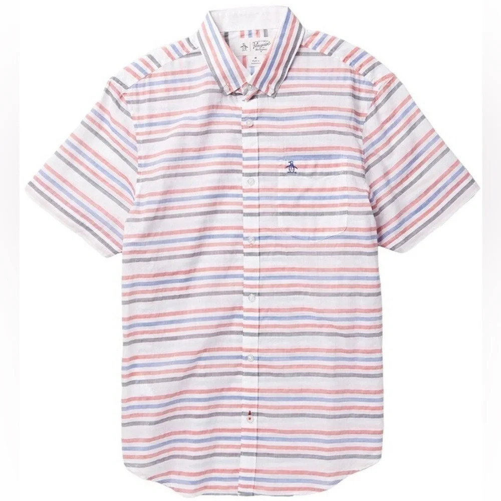 Original Penguin Heritage Fit Stripe Lawn Shirt Mens Medium Short Sleeve